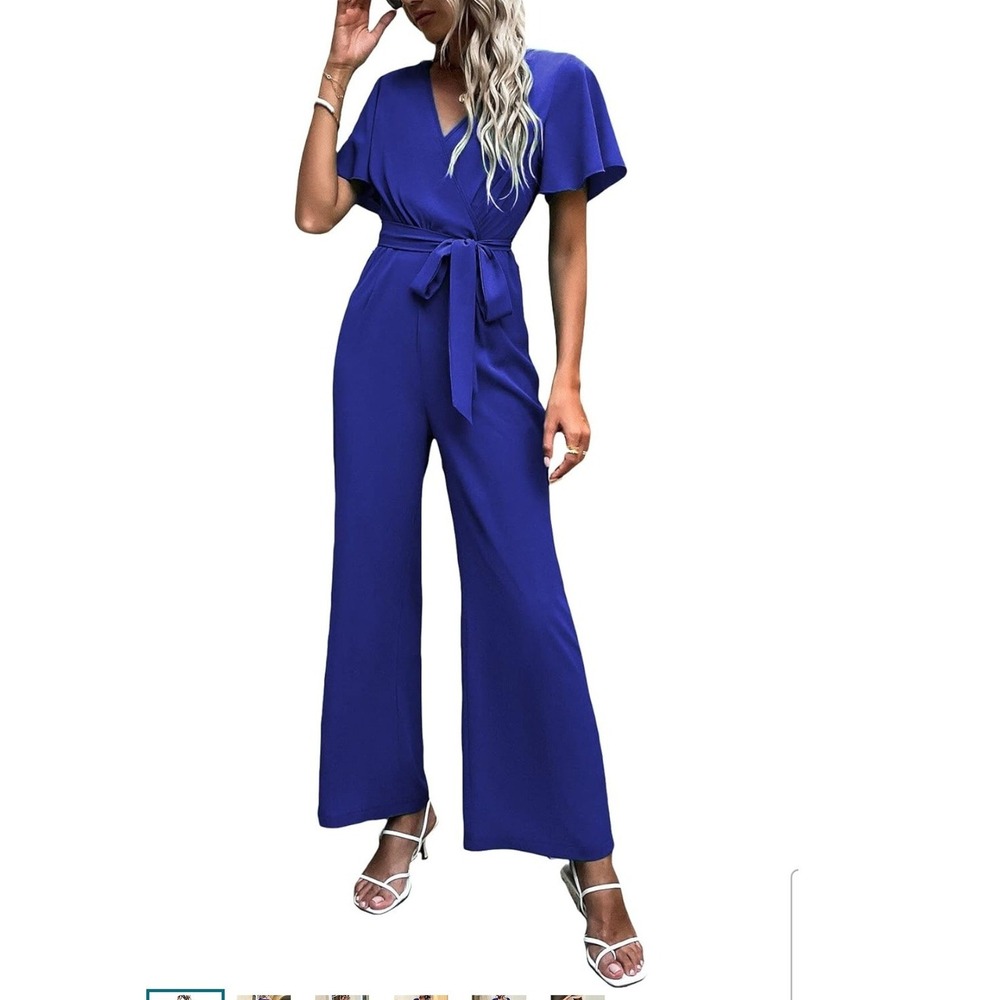 Wdirara Navy Blue Flutter‎ Sleeve Wide Leg Jumpsuit XL NWT Wrap V-Neck Belted